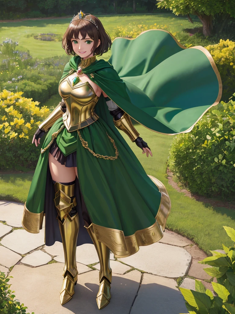 masterpiece, best quality:1.2), 1girl, smile, looking at viewer, green eyes, short brown hair, princess, armor, , pauldrons, armored dress, green cloak cape, wearing puffy blue ballgown skirt, golden tiara with green gem, armored boots, fingerless gloves, standing in medieval garden