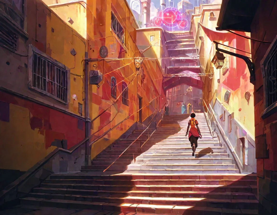 score_9, score_8_up, score_7_up, score_6_up, best aesthetic, Arcane, a person walking down a stairway, long shot, concept art, city in background, great use of color theory, red and yellow colors, particles flying, sunny
