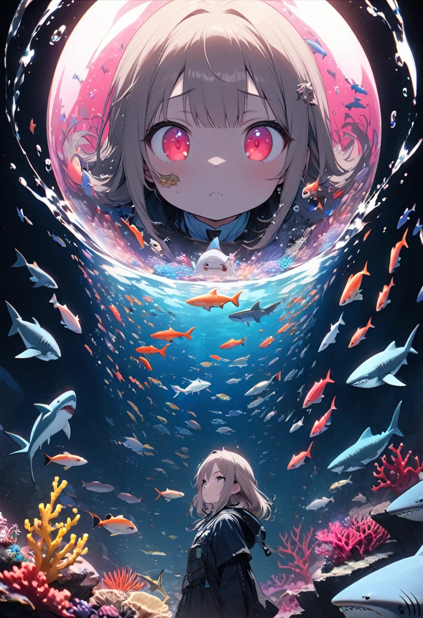 Highest quality, Super quality, 16K, Incredibly absurd, Very detailed, 2.5D, delicate and dynamic, aquarium, Large sink, Colorful Coral, Small faint light and small fish, shark, In the water, under the sea, , , , Small face, Extremely delicate facial expression, Delicate eye depiction, Upper body close-up, erotic, Monster, sole sexy shark, healthy shaped body, 22 years old, , 170cm tall, huge firm bouncing busts, 全身sharkのコスチューム, sharkの着ぐるみ, sharkの背びれ, sharkの頭の形の帽子, , , sharkと一緒に泳ぐ