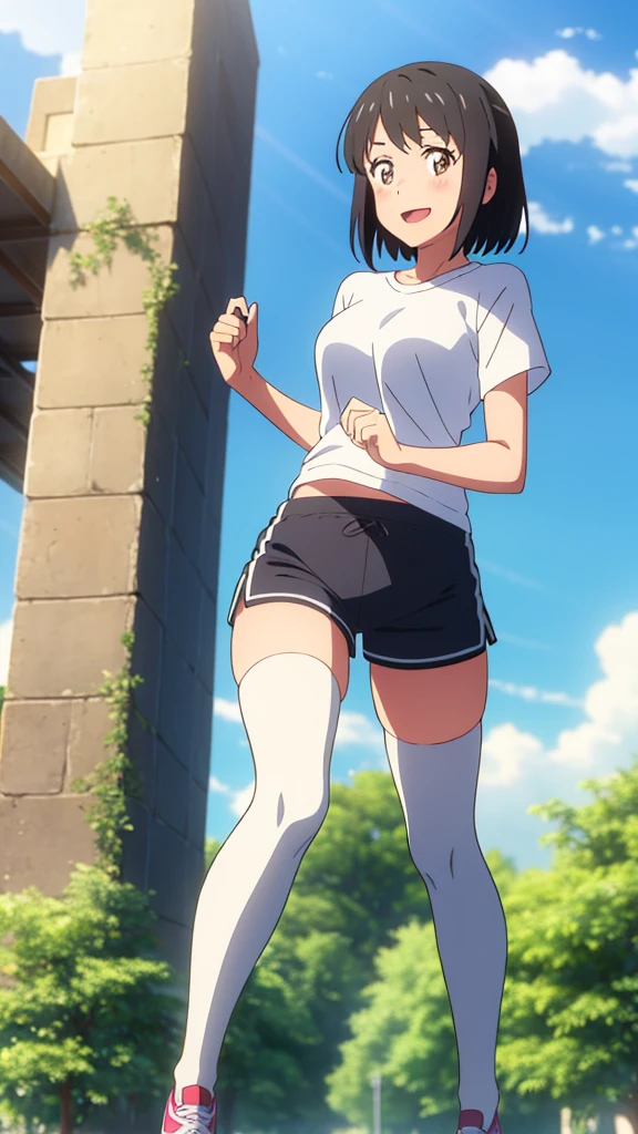 shinkai makoto, kimi no na wa., 1girl, bangs, black hair, blush, bright eyes, brown eyes, looking at the viewer, red headband, casual clothes, white t-shirt, black shorts, black thighhighs, short hair, medium breasts, solo, day, outdoors, shinny skin, smile, happy, :D, blue_sky, sunlight, summer_season, scenery park, jogging, tree