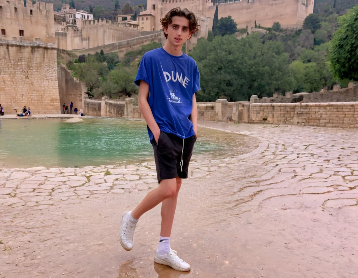 Timothée Chalamet, sweaty teen boy, in outside Alhambra castle in Spain, no clothing, far from camera, whole body, braces, age 19, wavy tiktok hair, boxer, bare feet, wearing no t-shirt topless, Alhambra castle in Spain, short fine armpit hair, flexing, in the water, veiny arms, cute, tall, lean, not muscular, wispy pubes, muscular teen boy masterpiece, high resolution, feet visible, no shoes, very dirty feet, skinny, tall, foot fetish, tall boy, teen boy, braces, best quality, sticky armpit hair, sticky, glue on floor, wet floor, sticky clothes, drops on underwear, drops on shorts, sticky on shorts, drops on floor, sweaty face, sweaty hair, Dune by Herbert, Science fiction¨