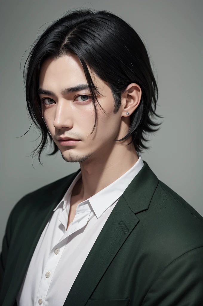 adult man, shoulder length black hair, green right eye, white left eye, ear piercing, horizontal scar on left eye.