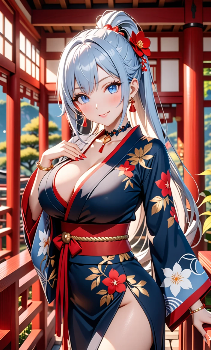ultra-detailed, ((one girl)), hyper detailed, absurdres, 8K,Cute face, (Laugh shyly), ((teasing smile:1.8)), ((Wink:1.8)), (Laugh with your mouth wide open:1.3),(Tilt your head:1.3), (Doing sexy poses:1.3), View your viewers, ((Bright red cheeks:1.6)),Glossy Red Lips, ((Big Breasts:1.5)) (valley), night, Shrines in the countryside, (Brighten your face), ((Anime style background)),masterpiece, Highest quality, so beautiful,Latest, Complex details, (Pink long nails), (nail art), (ring),(bracelet), (Floral Choker),AI-generated, Complex,High resolution, Highest quality, super high quality,3D Images、3D Images,One person,Long white hair,(High Ponytail), Anime woman posing for a photo, ((Fine grain, pale blue eyes, glowing eyes:1.5)), (Squint your eyes:1.1),a hyperRealistic , hyperRealistic , Realistic,Anime woman with long white hair, Smooth anime CG art, With gold embroidery、A girl in a gorgeous kimono, ((Black long sleeve kimono:1.5)),(Red large floral pattern) ,Long flower hair ornament,Floral Earrings,Mature Body,tall,Abdominal muscles,Narrow waist,((arched back:1.9)),(front view),
