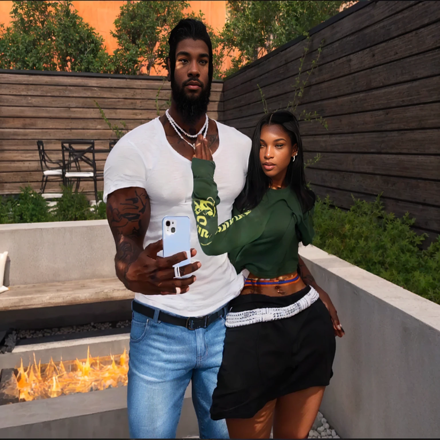 il y a un homme a la peau noir musclé avec un tee shirt blanc et un jean bleu qui tient un telephone et de l'autre coté une femme a la peau noir qui tient l'homme