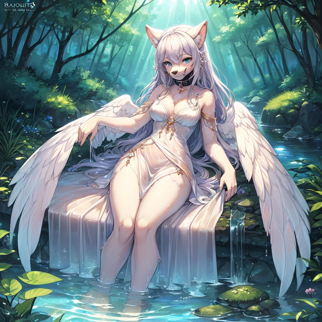 Top quality ultra-fine illustrations, bathing in water, beautiful refraction of water, white dress soaked in water, transparent clothing, Rich colors, Dreamy, mystical, Tarot Card, erotic(In the forest where the stream flows, Backlighting)(beautiful face and eyes with great detail)absurdres, perfect anatomy((Beastwoman))(Furry, angelic cute 1girl, Solo focus)(furry anthro:1.7)(((furry body, Facial features of animal, Features of the animal body)))(((muzzle of the animal, very detailed furry body of animal))))full body, Smile (portrait),