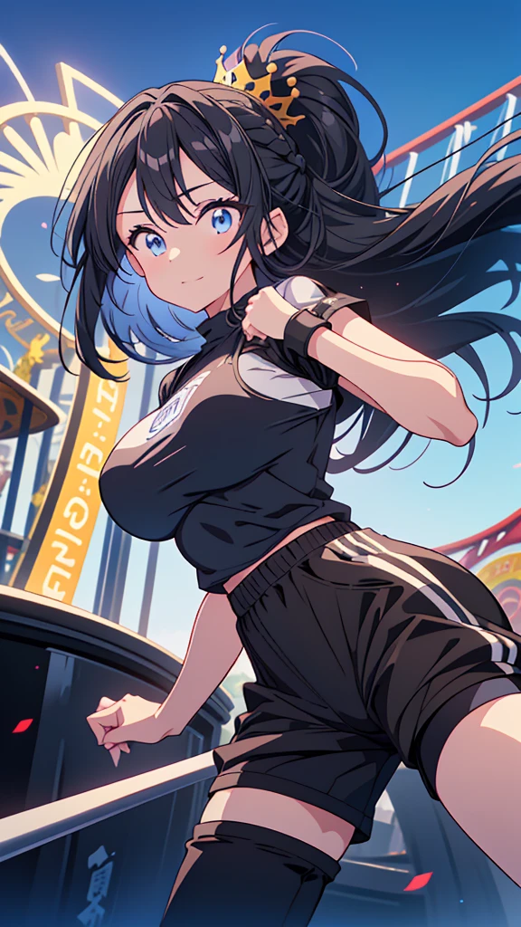 best quality, extremely detailed, anime style adult 1girl, long hair down to the waist, straight hair, ((dark black hair with bluish)),crown braid,beautiful detailed eyes, pinched eyes, dark blue eyes, huge breasts,curvy,(((Active clothing))),((((short trousers)))),light smile,((amusement park)),animation cap,animated gif