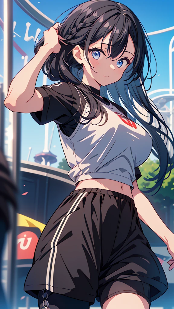 best quality, extremely detailed, anime style adult 1girl, long hair down to the waist, straight hair, ((dark black hair with bluish)),crown braid,beautiful detailed eyes, pinched eyes, dark blue eyes, huge breasts,curvy,(((Active clothing))),((((short trousers)))),light smile,((amusement park)),animation cap,animated gif