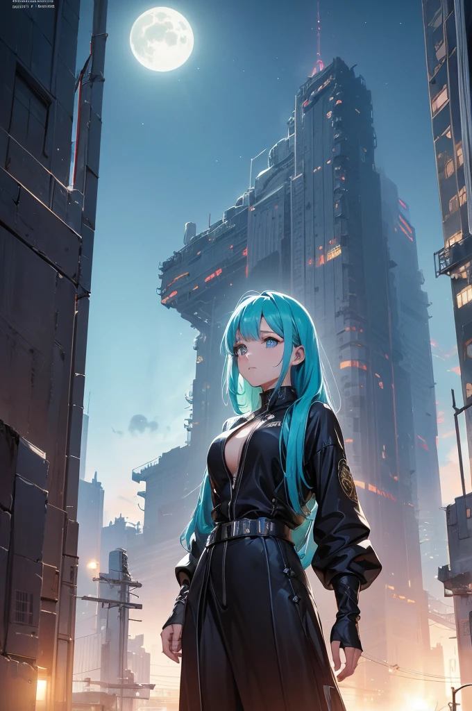 atmosfera the noite chuvoso sombria in anime 4D tinta óleo A post-apocalyptic Fallout-themed magazine cover illustration power fenix girl Bulma + Elza frozen fire black power immersed in the resplendence of the setting moon in surreal Ghibli-style watercolor, she finds her gaze projected towards a cityscape on the horizon, aesthetic elements borrowed from the likes of urban flora emerging sparsely suggesting an atmosphere of desolation yet intriguing, motion stilled