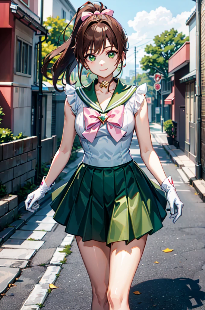sailor_jupiter, brown ponytail, green eyes, pink bow, white gloves, choker, circlet, looking at viewer, smiling, medium shot, 
standing, outside, city, street, blue sky, extreme detail, hdr, beautiful quality, 