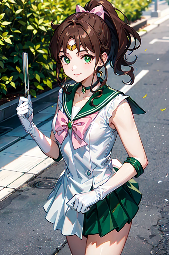 sailor_jupiter, brown ponytail, green eyes, pink bow, white gloves, choker, circlet, looking at viewer, smiling, medium shot, 
standing, outside, city, street, blue sky, extreme detail, hdr, beautiful quality, 