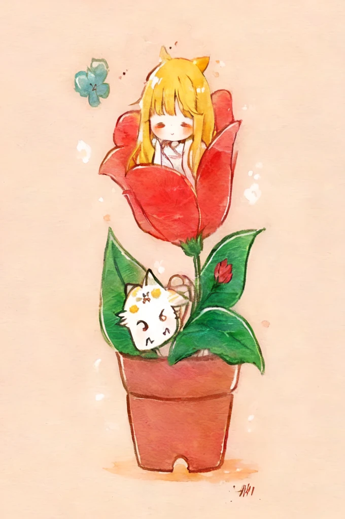 there is a drawing of a girl and a flower in a pot, cute detailed digital art, cute artwork, cute illustration, cute detailed artwork, cute art style, by Kubisi art, cute digital art, by Inoue Naohisa, soft anime illustration, flower queen, 🍁 cute, by Miyazaki, chibi art, inspired by Inoue Naohisa