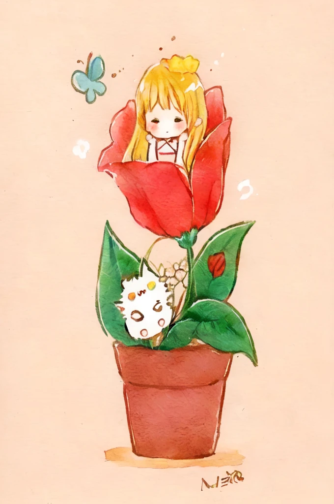 there is a drawing of a girl and a flower in a pot, cute detailed digital art, cute artwork, cute illustration, cute detailed artwork, cute art style, by Kubisi art, cute digital art, by Inoue Naohisa, soft anime illustration, flower queen, 🍁 cute, by Miyazaki, chibi art, inspired by Inoue Naohisa