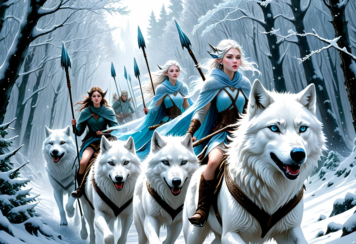hyper-realistic digital painting, very detailed faces, fae aesthetic, ice fairies riding to war, riding on white wolves, forest scene, ((snow storm)), carrying spears