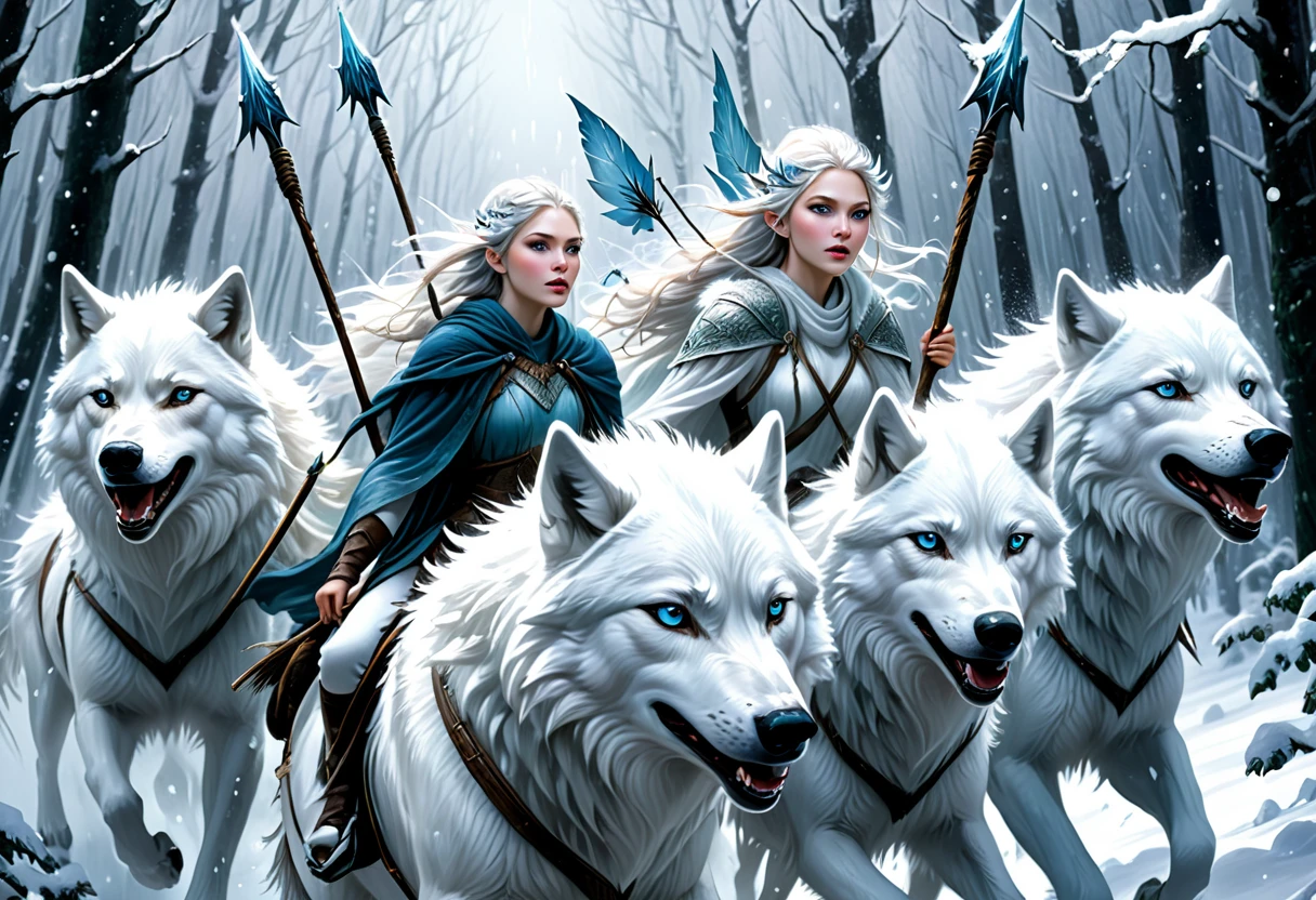 hyper-realistic digital painting, very detailed faces, fae aesthetic, ice fairies riding to war, riding on white wolves, forest scene, ((snow storm)), carrying spears