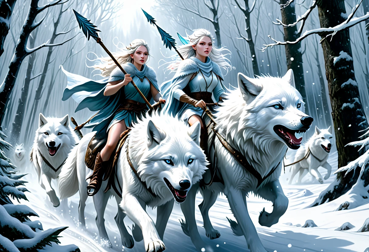 hyper-realistic digital painting, very detailed faces, fae aesthetic, ice fairies riding to war, riding on white wolves, forest scene, ((snow storm)), carrying spears