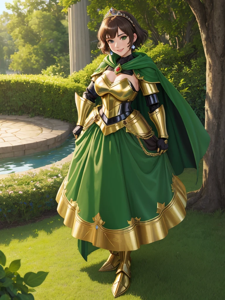 masterpiece, best quality:1.2), 1girl, smile, looking at viewer, green eyes, short brown hair, princess, armor, , pauldrons, armored dress, green cloak cape, wearing puffy blue ballgown skirt, golden tiara with green gem, armored boots, fingerless gloves, standing in medieval garden