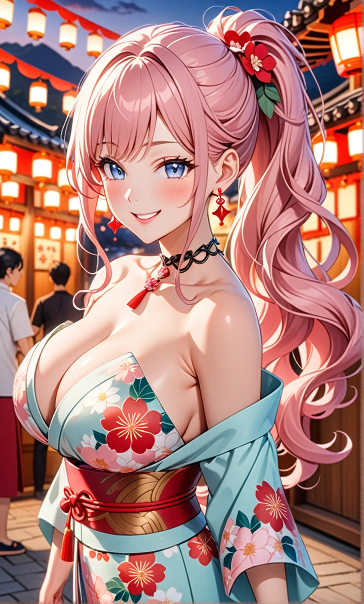 ultra-detailed, ((one girl)), in pastel colors girl, hyper detailed, absurdres, 8K, Beautiful Face, (Laugh shyly), ((teasing smile:1.8)), ((Wink:1.8)), (Laugh with your mouth wide open),(Tilt your head:1.3), View your viewers, ((Bright red cheeks:1.6)),Glossy Red Lips, ((Big Breasts:1.5)), (valley),night, Shrine festival stalls, (Brighten your face), ((Anime style background)),masterpiece, Highest quality, so beautiful,Latest, Complex details, (Pink long nails), (nail art), (ring),(bracelet), (Floral Choker),AI-generated, Complex,High resolution, Highest quality, super high quality,3D Images、3D Images,One person,Pastel pink long hair,(High Ponytail), (wavy hair:1.3), Pastel anime woman posing for a photo, ((Fine grain、blue eyes、glowing eyes:1.4)), (Squint your eyes:1.1),a hyperRealistic , hyperRealistic , Realistic,Anime woman with long pastel pink hair, Smooth anime CG art, A girl in a gorgeous pastel-colored kimono, ((Pastel-colored furisode)),(Pink large floral pattern) ,Long flower hair ornament,Floral Earrings,Mature Body, tall,Abdominal muscles,Tight waist,((arched back:1.9)), (front view),