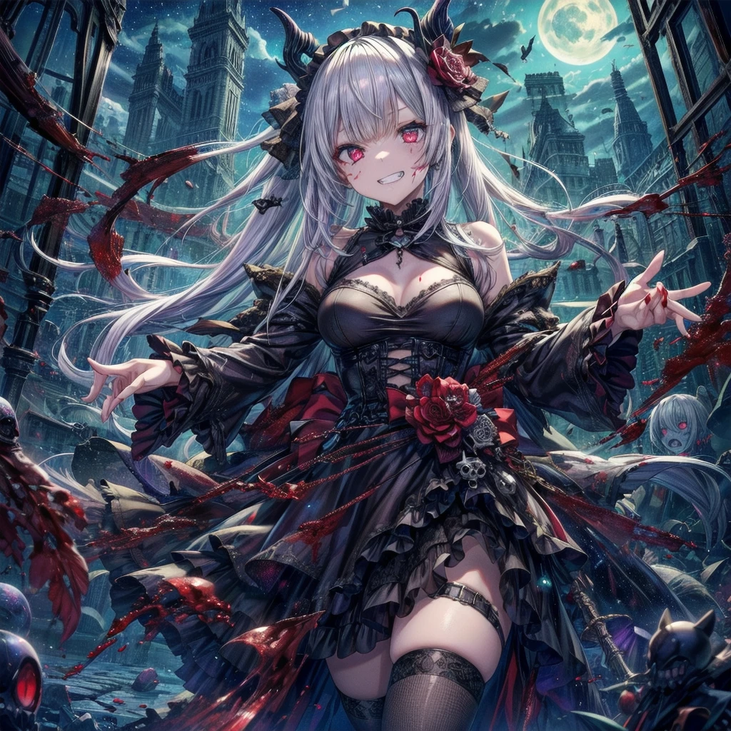 Highest quality、masterpiece、8K、Realistic、超High resolution、High resolution、Perfect female body、Mature Woman、Opposition、(Big Breasts:1.4)、Looking at the audience、(Princess of Another World、Gorgeous Dress、Shining Jewels、Long white hair、Elegant behavior、A delicate tiara、シルクhand袋、Embroidered gown、royal coat of arms、Gold Jewelry)、死んだ腐ったBloodに飢えた邪悪なzombie, Girl Venom, 黒い共bornborn物が付着している, Bloodまみれの, Evil look, Psychopathic, Torn clothes, Torn costume, sexy, reveal, Combat Stance, Very detailed, Vibrant appearance, Creative Action, Very detailed, Imaginative, Sensual, Voluntary, Small breasts, sexy, reveal, Highest quality, skinの質感, Intricate details, (Highest quality, masterpiece, 超High resolution), (8K壁紙, High resolution, High resolution, born), (credibility: 1.4), (whole bodyショット), One girl, ((Anime Girls)),,(Bloodしぶき:1.6), ((Fantasy Witch Costume)), ((Flowing white hair)), ,(Bloodしぶき:1.6),Female curves, Large Breasts, Thick thighs, sexyな平らなお腹, 完璧なhand, 完璧なアニメのface, ((dark ta dress)), Are standing, ((Wicked Smile)), ,(Bloodしぶき:1.6),In the Victorian city, gaslight, Steam circulates, Moonlight Illumination, night間照明, A sky filled with stars and galaxies,disaster々new devil horns,,(Bloodしぶき:1.6),アニメzombie魔女デザインねじれた笑face、Bloodまみれの、頭からの出Blood、Bloodしぶき、,(Bloodしぶき:1.6),Crossbones, skull, Streetwear Design, Provector, Horror Style, Full Design, Huge breasts, Very detailed, Realistic, Dark fantasy, Gloomy atmosphere, Intricate details, Crazy Smile, 狂ったeye, A cute and luxurious hair band,(masterpiece:1.2, Highest quality), Scary atmosphere、Distorted facial expressions、Horror Art、Bloodの雨、Bloodを流す、Bloodしぶき,(Bloodしぶき:1.6),悪魔のeye、redいeye、scar、火scar、whole body、Torn hair of a woman dressed in slave clothing、（Long Hair）、（eyeにかかる長さの前髪）、Black Hair、（（（eyeの下のクマ）））、青白いskin、Feeling unwell、Pathological、邪悪な笑face、狂ったeye、（Grin）Dramatic makeup，Create mixed media art、,Horror 1 Girl, Open_mouth, , red_eye, Blood, Tilt_red_skin, Injury, Blood_in addition_face, Bandaged_arm, Blood_in addition_zombie, Blood_in addition_hand　, Open your eyelids wide, The trend is all, mouthを大きくOpen, mouthを開けてteethをむき出しにする,獣のような鋭いteeth, Wide lips, 非常に広いmouth, Vermilion cheeks, blonde, ,(Bloodしぶき:1.6),Princess Cut, Ribbon hair ornament, brooch, Otaku Room, Well-built body, Nice body, Ample breasts, Thick body,eyeを大きく開いて、Scary atmosphere、Distorted facial expressions、ねじれた笑face、Bloodまみれの、頭からの出Blood、Bloodしぶき、whole body、,(Bloodしぶき:1.6),Long Hair、Long bangs、Well-built,Broad shoulders,I focus,(face),Messy Hair,いeye,(光るeye),red信号,笑face,big 笑face,teeth,psycho 笑face,gesugao,Dark city background,darkness,night,(close),良いeye, 良いteeth,サディスティックな笑face,,all,光沢のあるskin,詳細なface,Beautiful body,　mouthからの白い息　Luxurious lace long gloves