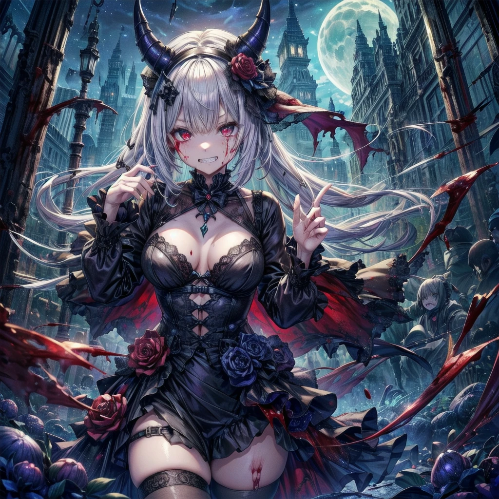 死んだ腐ったBloodに飢えた邪悪なzombie, Girl Venom, 黒い共bornborn物が付着している, Bloodまみれの, Evil look, Psychopathic, Torn clothes, Torn costume, sexy, reveal, Combat Stance, Very detailed, Vibrant appearance, Creative Action, Very detailed, Imaginative, Sensual, Voluntary, Small breasts, sexy, reveal, Highest quality, skinの質感, Intricate details, (Highest quality, masterpiece, 超High resolution), (8k wallpaper, High resolution, High resolution, born), (credibility: 1.4), (whole bodyショット), One girl, ((Anime Girls)),,(Bloodしぶき:1.6), ((Fantasy Witch Costume)), ((Flowing white hair)), ,(Bloodしぶき:1.6),Female curves, Large Breasts, Thick thighs, sexyな平らなお腹, 完璧なhand, 完璧なアニメのface, ((dark ta dress)), Are standing, ((Wicked Smile)), ,(Bloodしぶき:1.6),In the Victorian city, gaslight, Steam circulates, Moonlight Illumination, night間照明, A sky filled with stars and galaxies,disaster々new devil horns,,(Bloodしぶき:1.6),アニメzombie魔女デザイン, ねじれた笑face、Bloodまみれの、頭からの出Blood、Bloodしぶき、,(Bloodしぶき:1.6),Crossbones, skull, Streetwear Design, Provector, Horror Style, Full Design, Huge breasts, Very detailed, Realistic, Dark fantasy, Gloomy atmosphere, Intricate details, Crazy Smile, 狂ったeye, A cute and luxurious hair band,(masterpiece:1.2, Highest quality), Scary atmosphere、Distorted facial expressions、Horror Art、Bloodの雨、Bloodを流す、Bloodしぶき,(Bloodしぶき:1.6),悪魔のeye、redいeye、scar、火scar、whole body、Torn hair of a woman dressed in slave clothing、(Long Hair)、(eyeにかかる長さの前髪)、Black Hair、(((eyeの下のクマ)))、青白いskin、Feeling unwell、Pathological、邪悪な笑face、狂ったeye、(Grin)Dramatic makeup,Create mixed media art、,Horror 1 Girl, Open_mouth, , red_eye, Blood, Tilt_red_skin, Injury, Blood_in addition_face, Bandaged_arm, Blood_in addition_zombie, Blood_in addition_hand , Open your eyelids wide, The trend is all, mouthを大きくOpen, mouthを開けてteethをむき出しにする,獣のような鋭いteeth, Wide lips, 非常に広いmouth, Vermilion cheeks, blonde, ,(Bloodしぶき:1.6),Princess Cut, Ribbon hair ornament, brooch, Otaku Room, Well-built body, Nice body, Ample breasts, Thick body,eyeを大きく開いて、Scary atmosphere、Distorted facial expressions、ねじれた笑face、Bloodまみれの、頭からの出Blood、Bloodしぶき、whole body、,(Bloodしぶき:1.6),Long Hair、Long bangs、Well-built,Broad shoulders,I focus,(face),Messy Hair,いeye,(光るeye),red信号,笑face,big 笑face,teeth,psycho 笑face,gesugao,Dark city background,darkness,night,(close),良いeye, 良いteeth,サディスティックな笑face,,all,光沢のあるskin,詳細なface,Beautiful body, mouthからの白い息 Luxurious lace long gloves