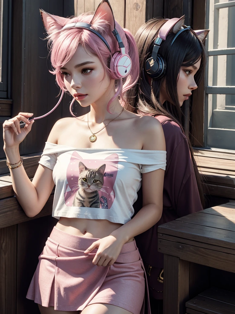 photorealistic, high resolution, soft light,1women, audult, solo, hips up, shining skin, (detailed face), jewelry, tattoo, cute girl, pink headphone, cat ears on headphone, gamer, t-shirt, off-shoulder, skirt