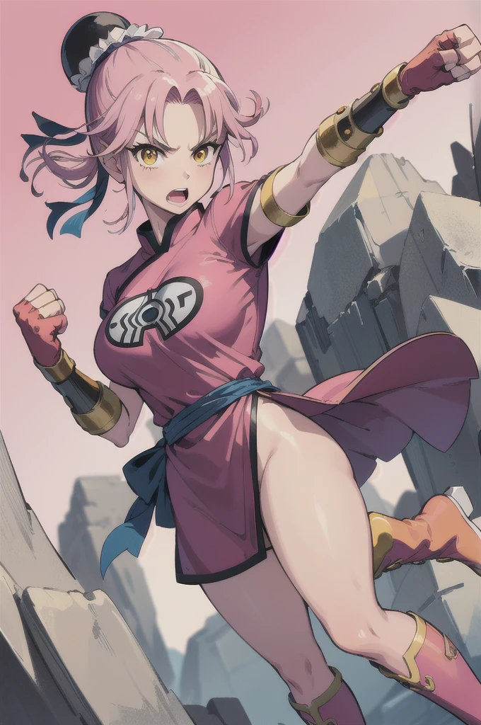 (masterpiece, best quality:1.1), (open mouth, clenched fist, action pose,:1.1), maam, dragon quest, 1girl, solo, big breasts, looking at viewer, short hair, pink hair, parted bang, (bun cover,:1.1) yellow eyes, fingerless gloves, pink gloves, chinese clothes, pink dress, ribbon, boots, white background
