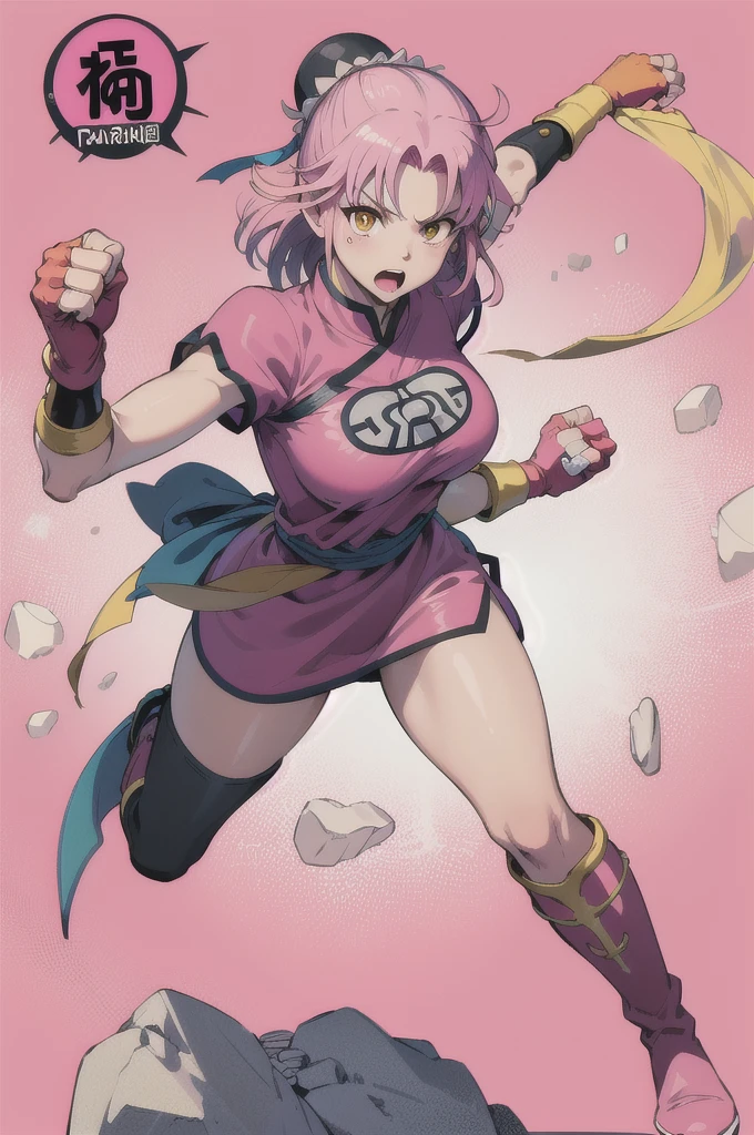 (masterpiece, best quality:1.1), (open mouth, clenched fist, action pose,:1.1), maam, dragon quest, 1girl, solo, big breasts, looking at viewer, short hair, pink hair, parted bang, (bun cover,:1.1) yellow eyes, fingerless gloves, pink gloves, chinese clothes, pink dress, ribbon, boots, white background 