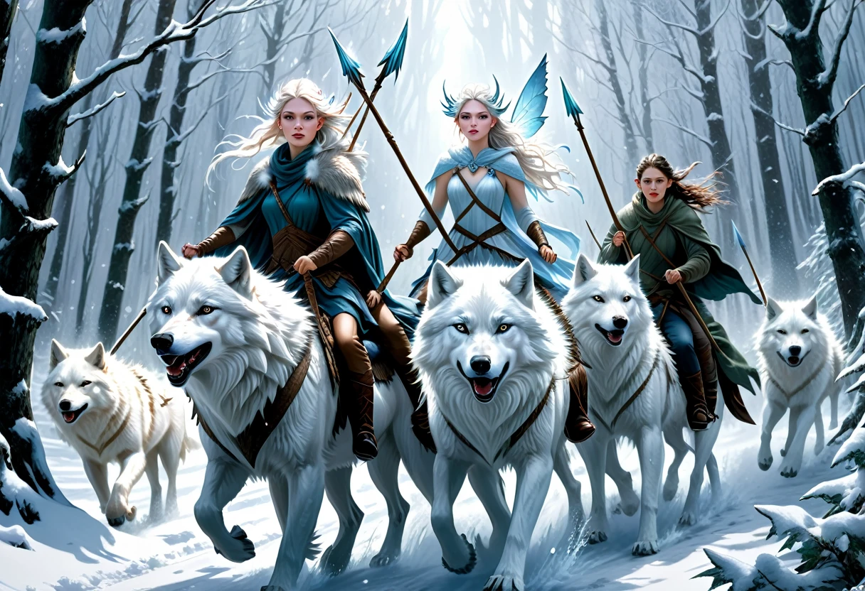 hyper-realistic digital painting, very detailed faces, fae aesthetic, ice fairies riding to war, riding on white wolves, forest scene, ((snow storm)), carrying spears