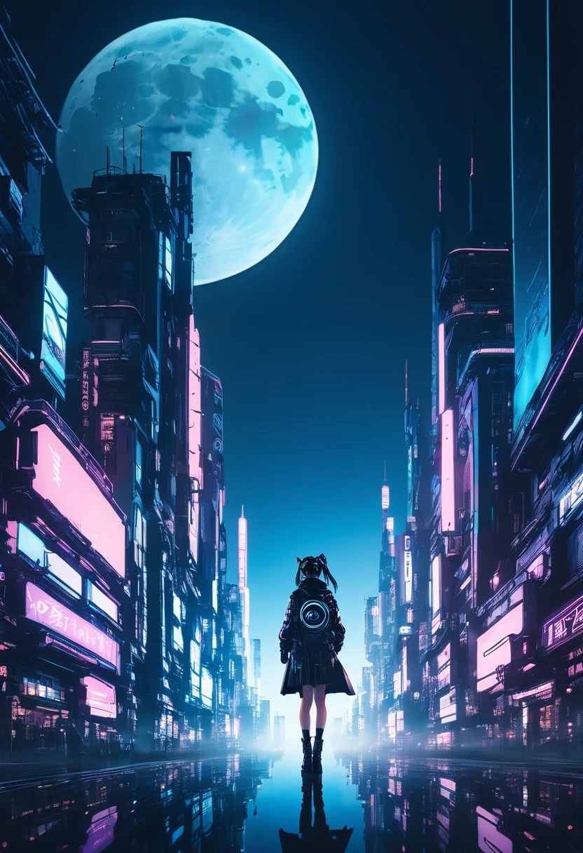  Spouse, contour, Meinoichi, Logo, monotonous, moon, Double contact, Cyberpunk City, Depth of Field, (Holographic glow effect), From below, Low angle shot, masterpiece,