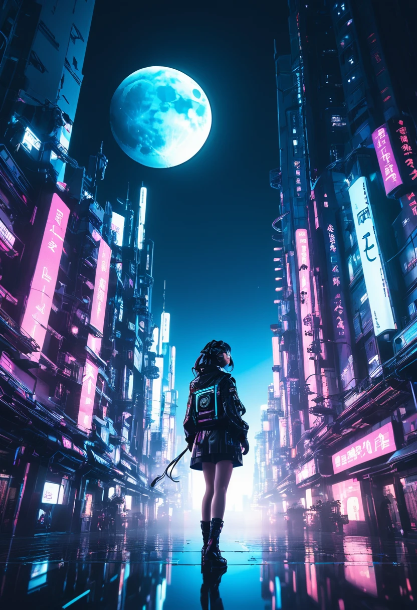 Spouse, contour, Meinoichi, Logo, monotonous, moon, Double contact, Cyberpunk City, Depth of Field, (Holographic glow effect), From below, Low angle shot, masterpiece,