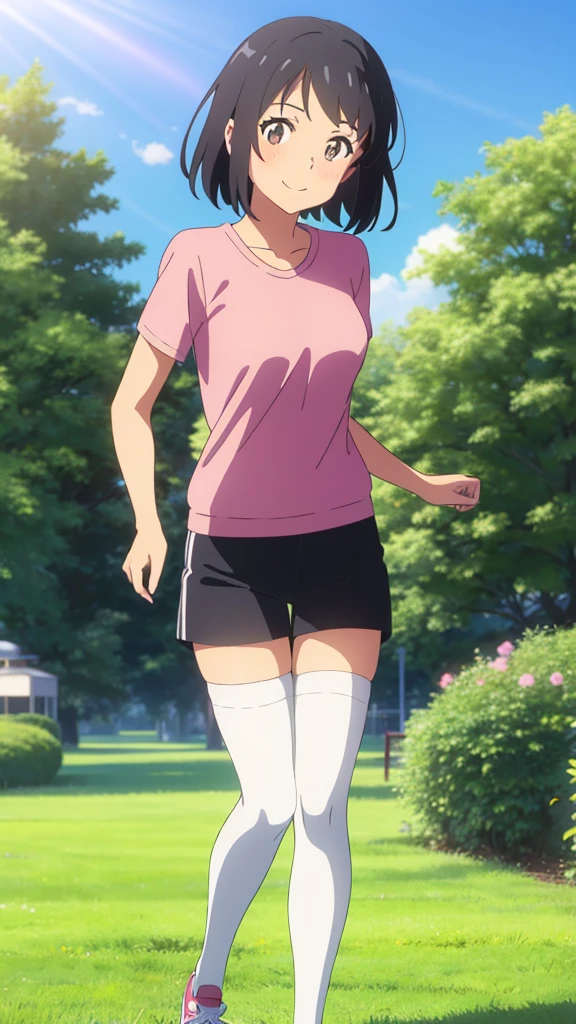 shinkai makoto, kimi no na wa., 1girl, bangs, black hair, blush, bright eyes, brown eyes, looking at the viewer, red headband, casual clothes, white t-shirt, black shorts, black thighhighs, short hair, medium breasts, solo, day, outdoors, shinny skin, smile, blue_sky, sunlight, summer_season, scenery park, jogging, tree