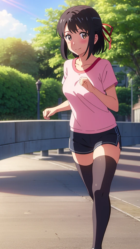 running in the park, big breasts, little clothes, colorful image, happy face, very sunny day, running over a puddle of water