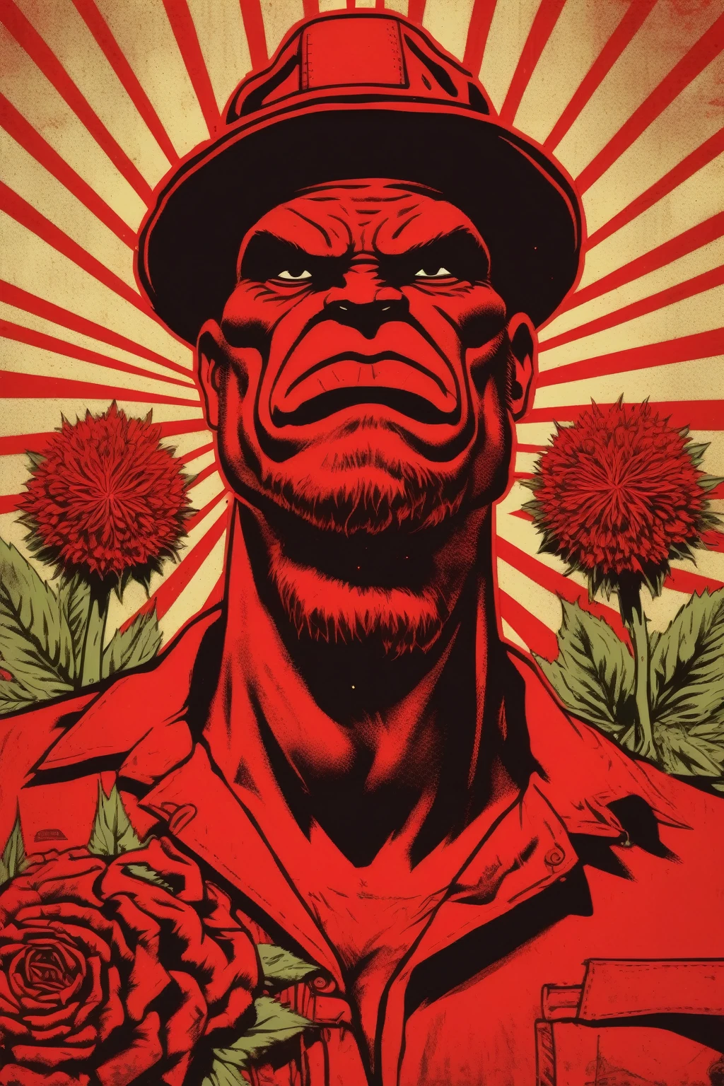 Shepard Fairey Style - a single color image of a Red hulk collective weed farmer