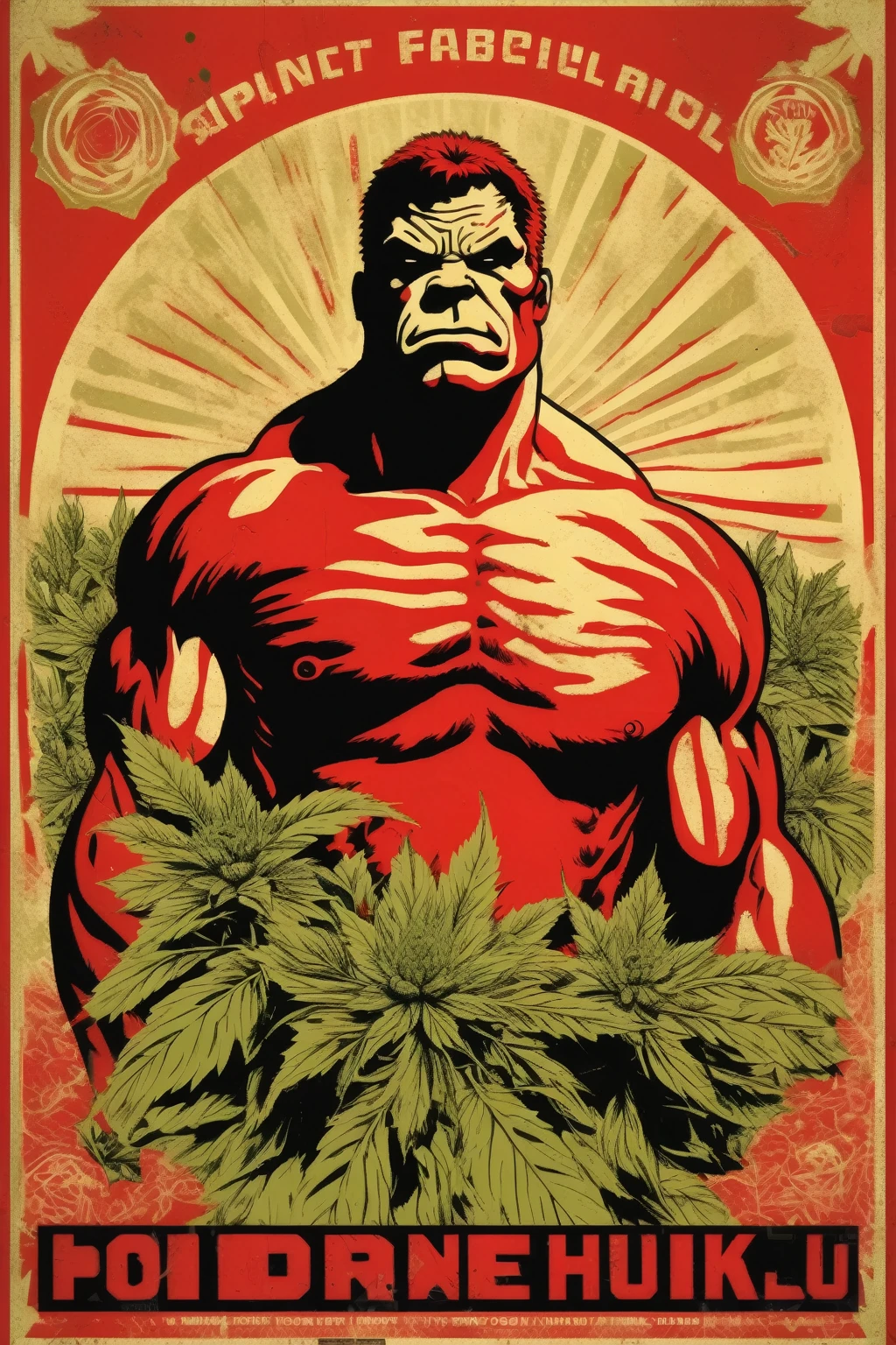 Shepard Fairey Style - a single color image of a Red hulk collective weed farmer