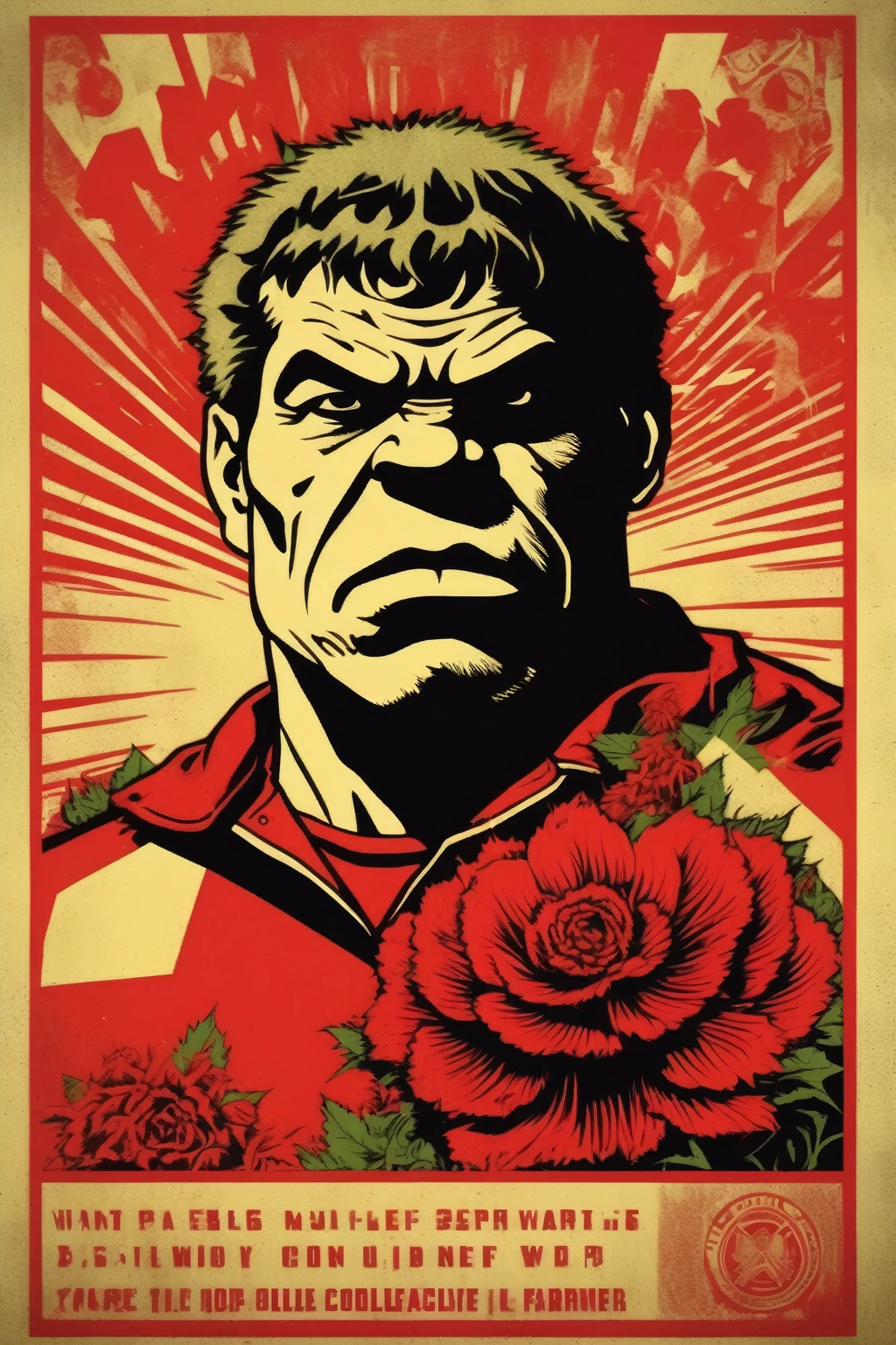 Shepard Fairey Style - a single color image of a Red hulk collective weed farmer