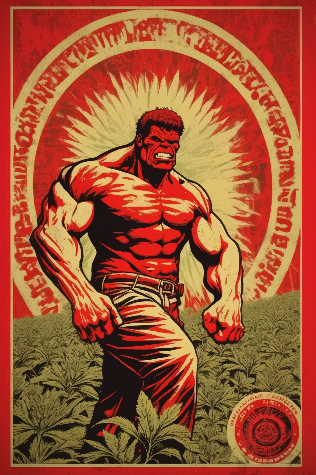 Shepard Fairey Style - a single color image of a Red hulk collective weed farmer