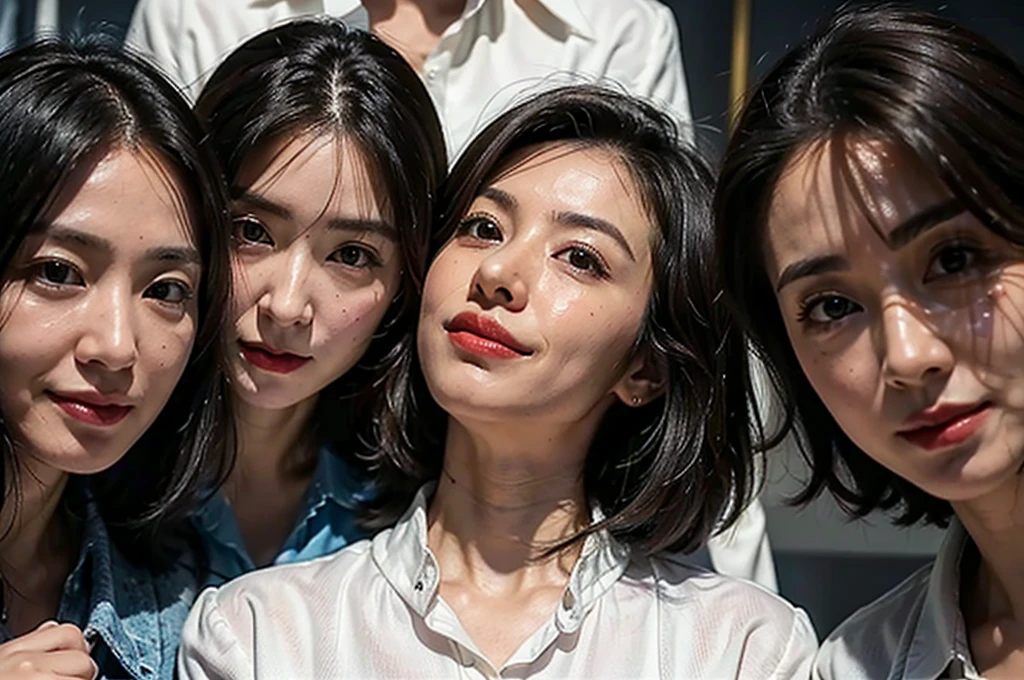 (masterpiece : 1.5), (super detailed : 1.5), (realistic : 1.5), (3 woman : 1.5), (looking down at viewer : 1.3), (view from below : 1.3), (3 woman standing side by side : 1.3), (they are all 65 years old : 1.3), beautiful mother, (they all have face wrinkles : 1.3), (smirking : 1.3), (Each has a different hairstyle), (they all are wearing tight collared shirt : 1.2), (in a small fitting room : 1.2), (they all are same height : 1.1), pores, skin blemishes, fleckles, realistic detailed skin, (focus on the chest from below : 1.2)