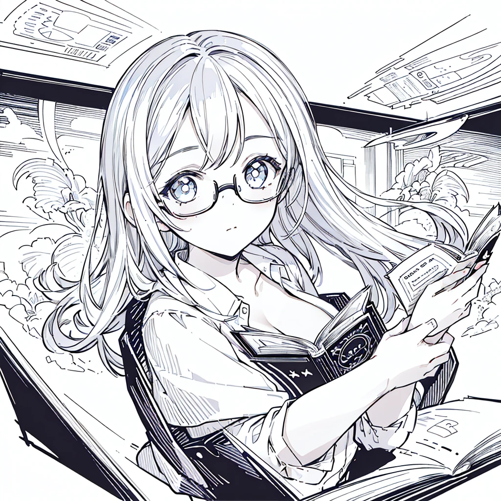 A girl,close up, wearing white shirt, reading a book, (best quality:1.3), (highres:1), (detailed:1.3), (incredible:1.3), (perfect:1.3), (perfection:1.3), (illustration:1.3), she's getting fun while reading it, dynamic on scene,Big Breasts、Glasses