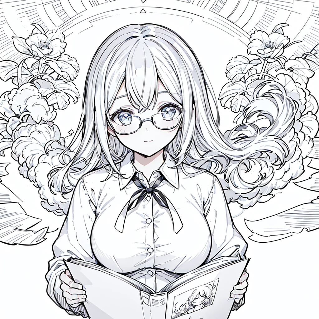 A girl,close up, wearing white shirt, reading a book, (best quality:1.3), (highres:1), (detailed:1.3), (incredible:1.3), (perfect:1.3), (perfection:1.3), (illustration:1.3), she's getting fun while reading it, dynamic on scene,Big Breasts、Glasses
