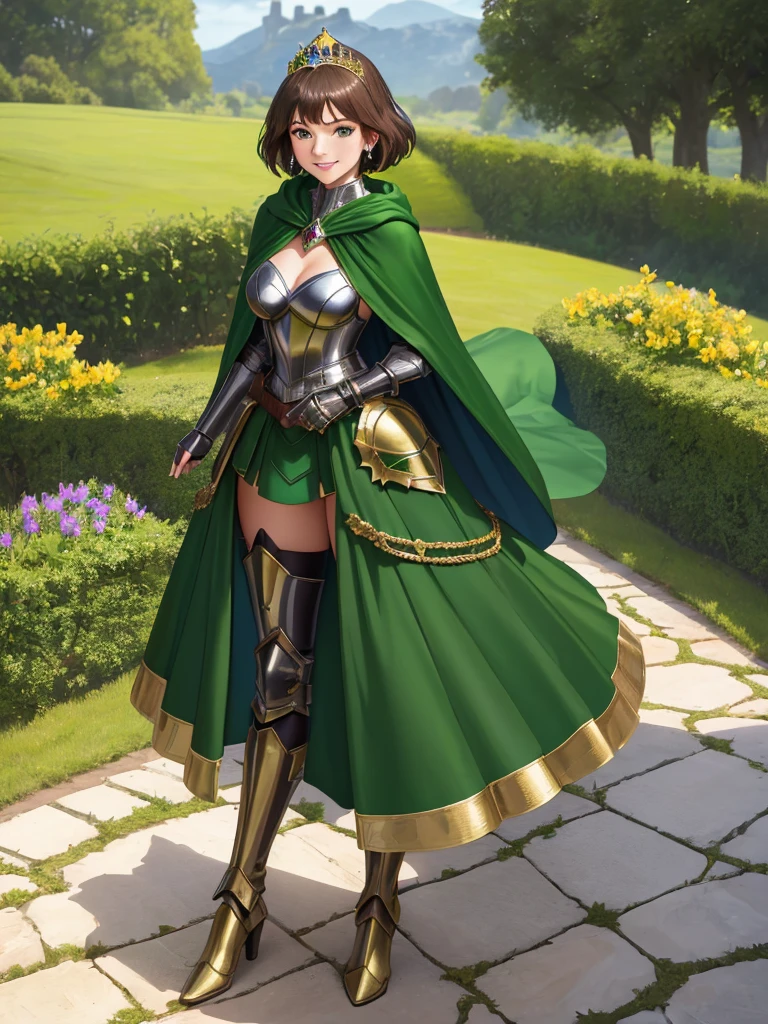 masterpiece, best quality:1.2), 1girl, smile, looking at viewer, green eyes, short brown hair, princess, armor, , pauldrons, armored dress, green cloak cape, wearing puffy blue ballgown skirt, golden tiara with green gem, armored boots, fingerless gloves, standing in medieval garden
