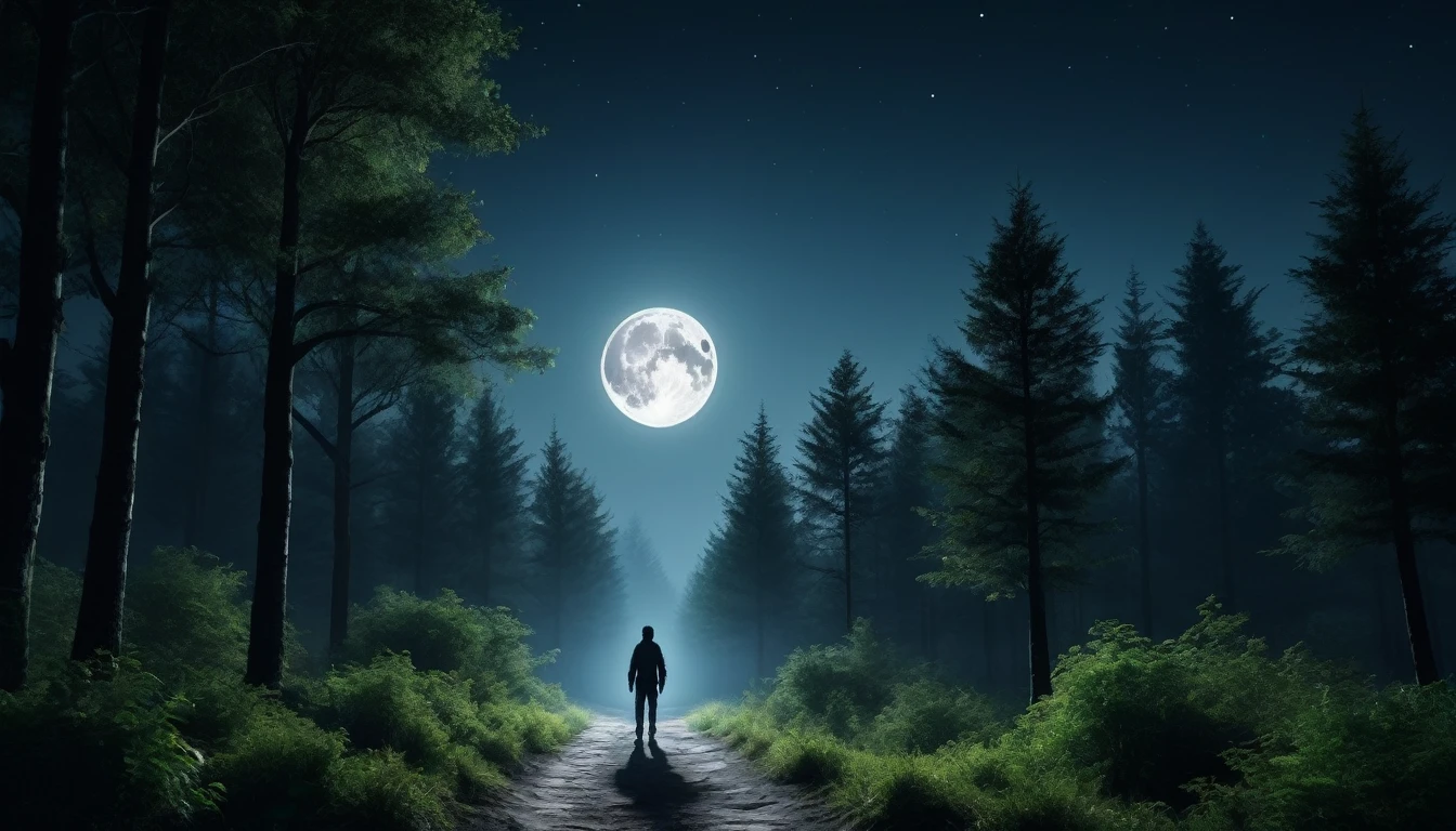An image The full moon shone between the treetops, casting sinister shadows across the path. Image of a person standing alone, only the sounds of nature accompanied me. , PICTURE REALISTIC, high resolution, 8K