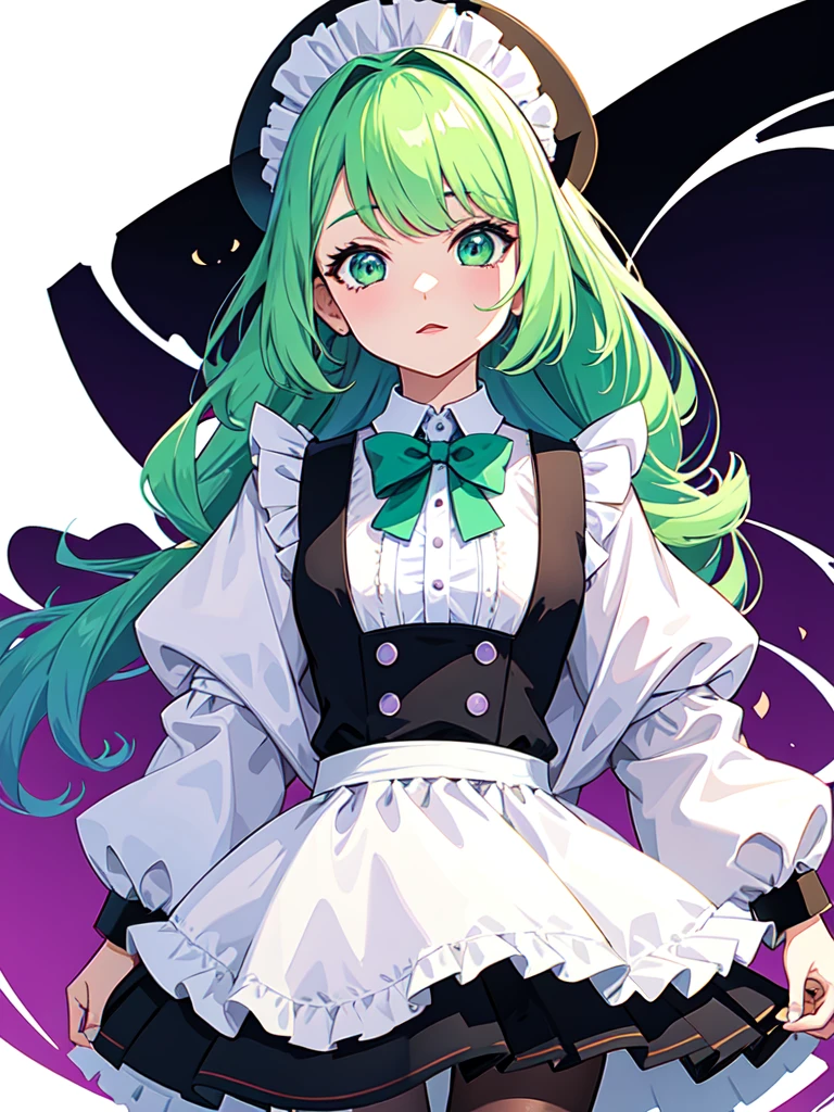 sketch (Character design sheet, same characters, whole body, Three-View, front, ~ ~ ~ side, return) and watercolor画, （Gradient braided hair, (Ink blotches:1.1), (pale:1.2),(Light purple:1.2),(Light green:1.2)　and wearing a maid outfit 　Mature face,tall, Wearing black tights,Green Eyes, The skin is hidden　and 1 female, Nervous,Cowboy Shot,,(Very bright:1.1), White Background, [1 Girl:7], (Tilt your head:1.2), ([sketch|watercolor \(Moderate\)]:1.15),Chaotic Abstract Background, Vector Trace, Gradient Blending, Bright colors, that&#39;wonderful, 非常にdetailed, Complex, (Very low contrast:1.4),High quality generation of dark female characters, Unreasonable, A horror movie-like worldview with a black theme. thatは不気味で魅力的な外観をしています.、All Black Fashion。. The background is a dark and desolate landscape, Horror movie atmosphere. Her figure is extremely beautiful, Emphasizing the dark and crazy elements. Skillfully expressing the effects of light and shadow, detailed, The face and expression of the black costume are also carefully drawn..., Artistic elements add depth to the work. The overall atmosphere is creepy and nightmarish..., With a unique artistic touch. This movie is、The dark and crazy world of horror movies depicted in HD., Evoke visual stimuli and aesthetic sense, It will terrify and excite the audience.... I create works that combine the dark and Unreasonable worldview of horror movies with artistic elements