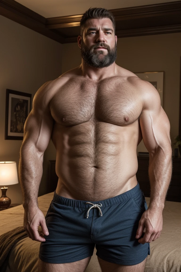 8KUHD HDR Very Extremely Realistic Very Detailed High Quality Create a professional studio-style photograph featuring two middle-aged daddy muscle bears , burly, very hairy, very beared big daddy bear, and very realistic detailed rugged burly man and his husband in shorts. beards, very realistic hair, very realistic beards, very realistic thick chubby neck, very realistic neck lines, very realistic detailed neck, very realistic belly, very realistic burly chest, very realistic burly strong chest and arms, very realistic detailed hairy burly chest and arms, very realistic pecs, very realistic burly body, very realistic nipples, very realistic burly body, very realistic face, very realistic detailed face, very realistic eyes, very realistic detailed eyes, very realistic pupils, very realistic detailed pupils, very realistic nose, very realistic ears, very realistic facial features, very realistic burly arms, very realistic elbows, very realistic hands, very realistic bellybutton, very realistic wrists, very realistic fingers, very realistic fingernails, very realistic shoulders, very realistic mouth, very realistic lips, very realistic detailed skin, very realistic skin, very realistic mens clothing, very realistic detailed mens clothing. A very realistic man and his husband are kissing and loving each other in the bedroom, very realistically detailed kissing and loving each other in the bedroom, in a very realistic romantic and virile bedroom scene. Very Realistic Intricately Detailed, Utilize all appropriate realistic lighting techniques for studio photography" very realistic detailed bedroom surroundings, very realistic surroundings lighting, No Deformities, Very Ultra Realistic and Very Realistic Photograph, Clear HDR Quality