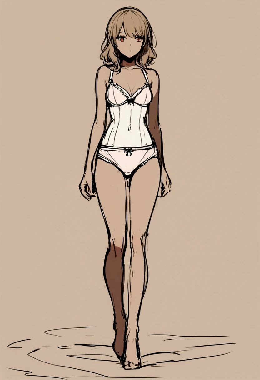 Sketch of woman in underwear looking full body front, light skin color brown hair and tender