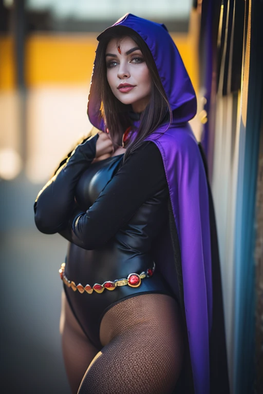 kate, Short black hair with blue highlights, gazing at viewer, blue colored eyes, perfectbody, illustration of Raven from DC Comics, 1 girl, voluptuous, amazing detailed big booty, Raven, high collar, collant preto, black cloack, hooded cloak, cabelo roxo, testa jeauel, purples eyes, shorth hair, waist belt, stretched skin, standing, neckleace, toned, pose, natta, moonlights, ((posando)), motion lines, trunk, trunk, portraite, b&au. contour, no anime taro card art style, chic, glamorous, reflection, Glow Up, shadowing, pantyhose 40 dinier, mic, hood down, grin, red lips, Hyperrealism, chromatic aberration, cowboy shot, masterpiece, accurate, textured skin, highres, 8K