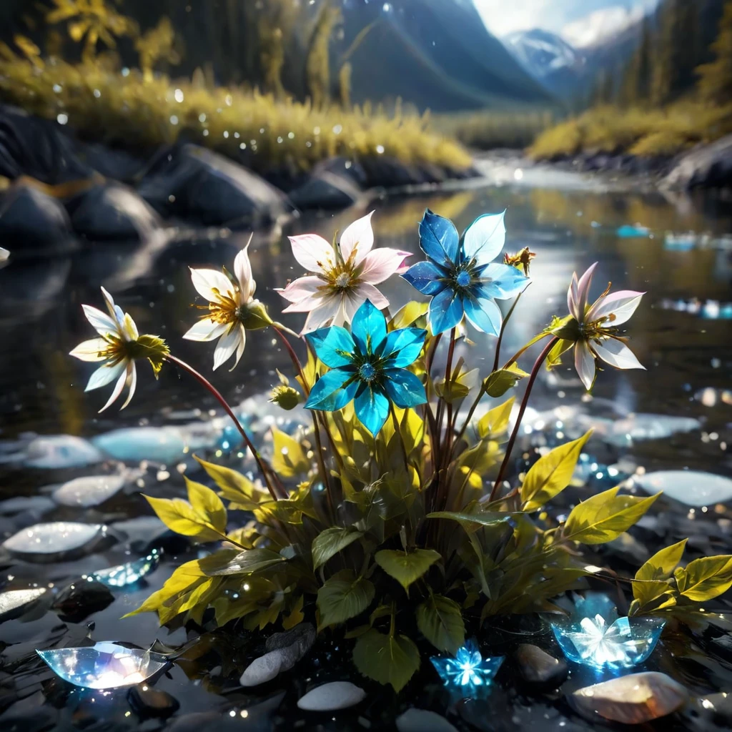 Cinematic still of a few beautiful pale rainbow gradation glass flowers made out of glass in an Alaska River. Shallow depth of field, Vignette, Very detailed, High budget, Bokeh, CinemaScope, Sulky, amazing, nice, Film Grain, granular, ガラスof破片, Breaking Glass, ,ガラスof破片,Fragments are created_of_piece_broken_ガラスof光of粒子, focus on flowers, strengthened