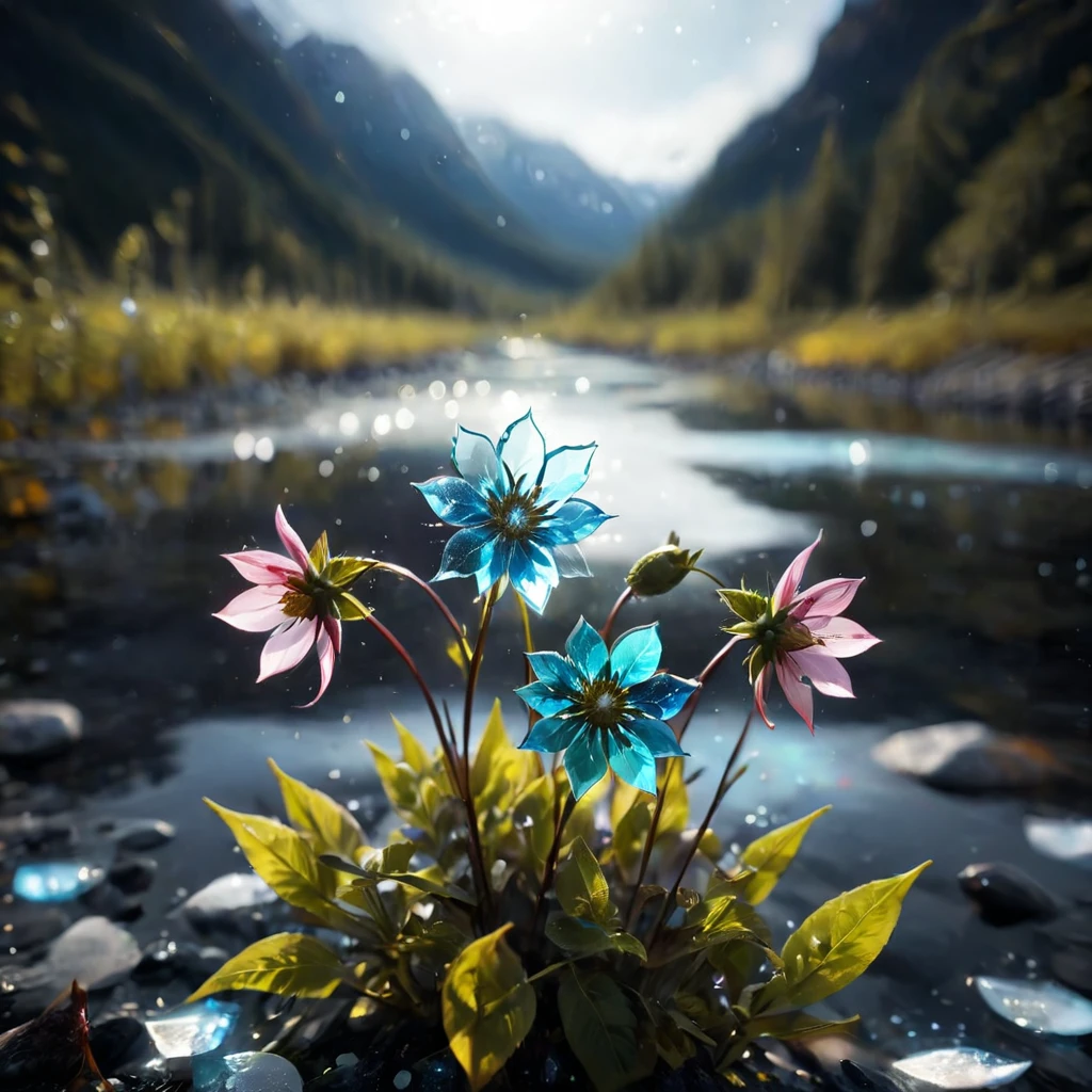 Cinematic still of a few beautiful pale rainbow gradation glass flowers made out of glass in an Alaska River. Shallow depth of field, Vignette, Very detailed, High budget, Bokeh, CinemaScope, Sulky, amazing, nice, Film Grain, granular, ガラスof破片, Breaking Glass, ,ガラスof破片,Fragments are created_of_piece_broken_ガラスof光of粒子, focus on flowers, strengthened