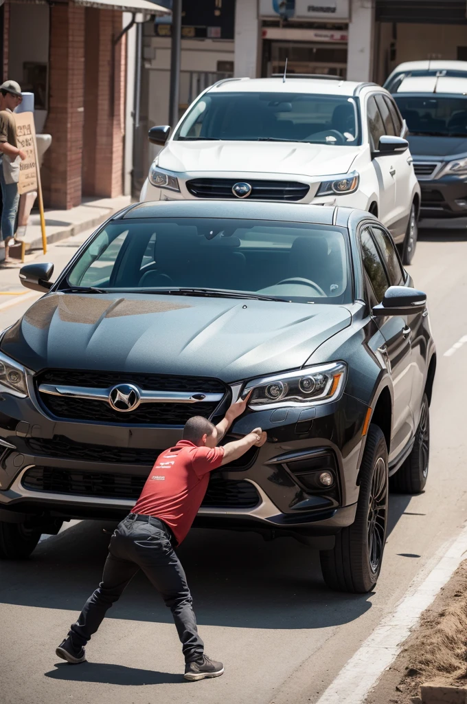 A bull repairing a car