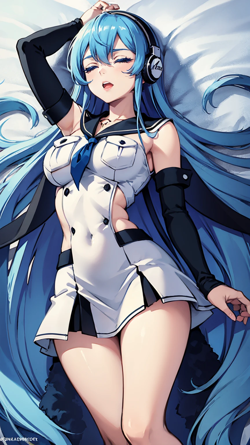 (artwork, best quality) a girl with long blue hair, closed eyes, blue eyelashes, white sailor suit, big breasts, perfect body, beautiful eyes, good waist, tattoo, screaming with joy, arms and legs open, listening to music with a headset, lying in the snow, with music symbols around