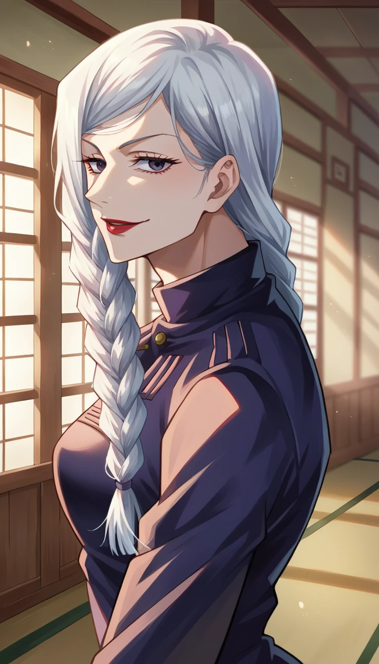 score_9, score_8_up, score_7_up, source_anime,
Meimei, Mei Mei, white braided hair, purple eyes, red lips,
Black tight dress, jujutsu kaisen uniform,
indoors, dojo, seductive pose,
solo, naughty smile, looking at viewer,