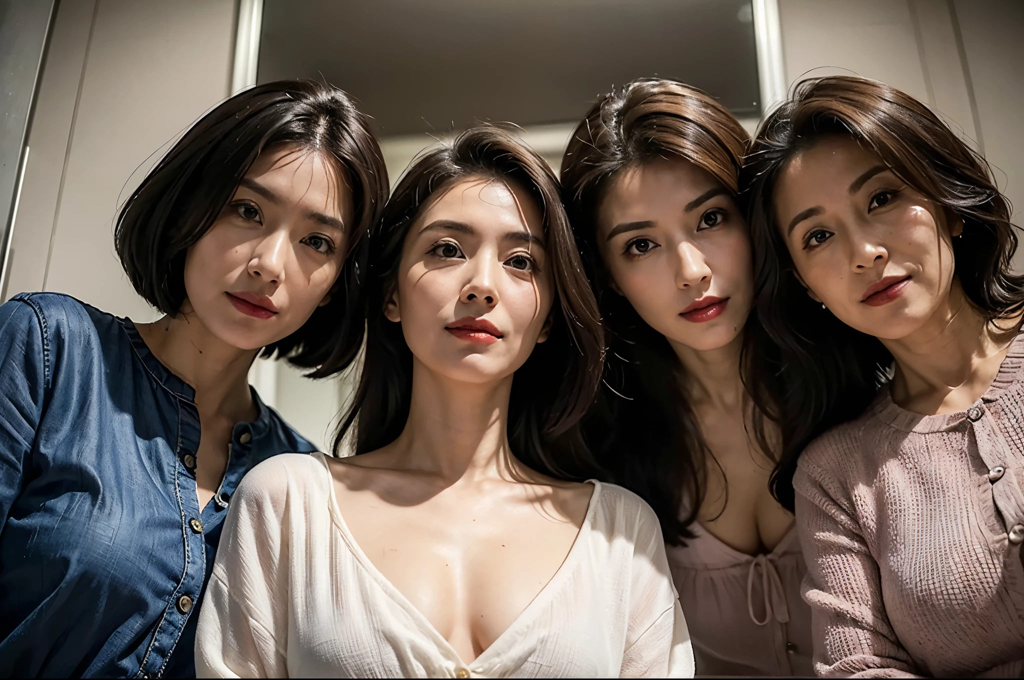(masterpiece : 1.5), (super detailed : 1.5), (realistic : 1.5), (3 woman : 1.5), (looking down at viewer : 1.3), (view from below : 1.3), (3 woman standing side by side : 1.3), (they are all 65 years old : 1.3), beautiful mother, (they all have face wrinkles : 1.3), (smirking : 1.3), (Each has a different hairstyle), (they all are wearing shirt : 1.1), (in a small fitting room : 1.2), (they all are same height : 1.1), pores, skin blemishes, fleckles, realistic detailed skin, (focus on the chest from below : 1.2)